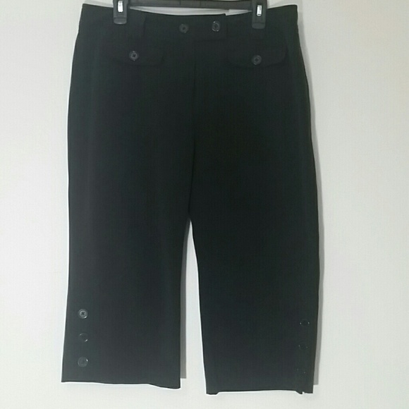Cullotte Capri pants wide leg black Timeless Flap Pockets Button Belt Loops - Picture 2 of 4